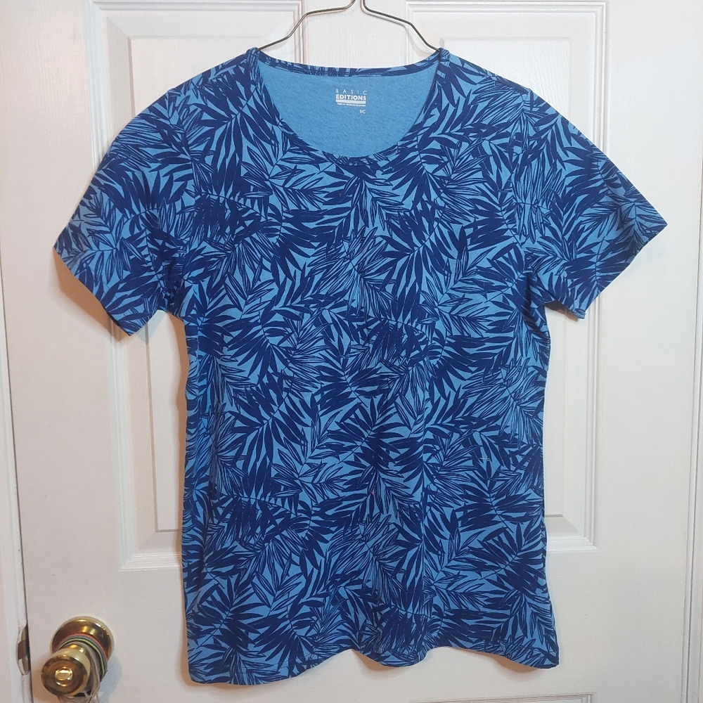 Basic Editions Blue Fern Round Neck Short Sleeve Tshirt Tropical Hawaiian Size S